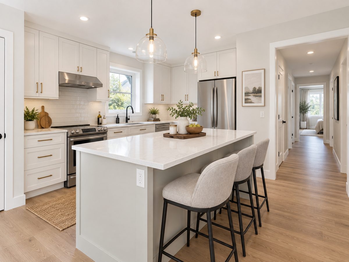 A bright kitchen with brass fixtures and a marble island