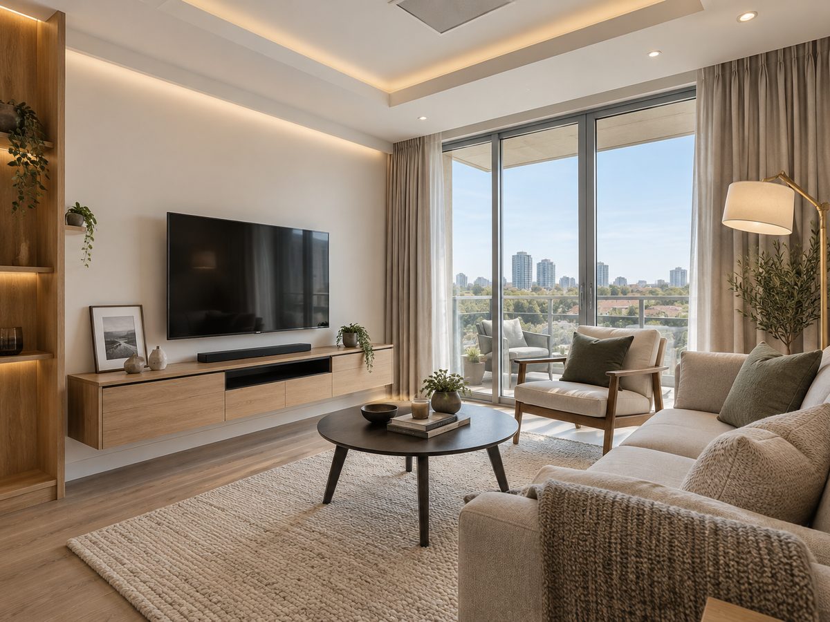 A bright condo living room with a balcony view