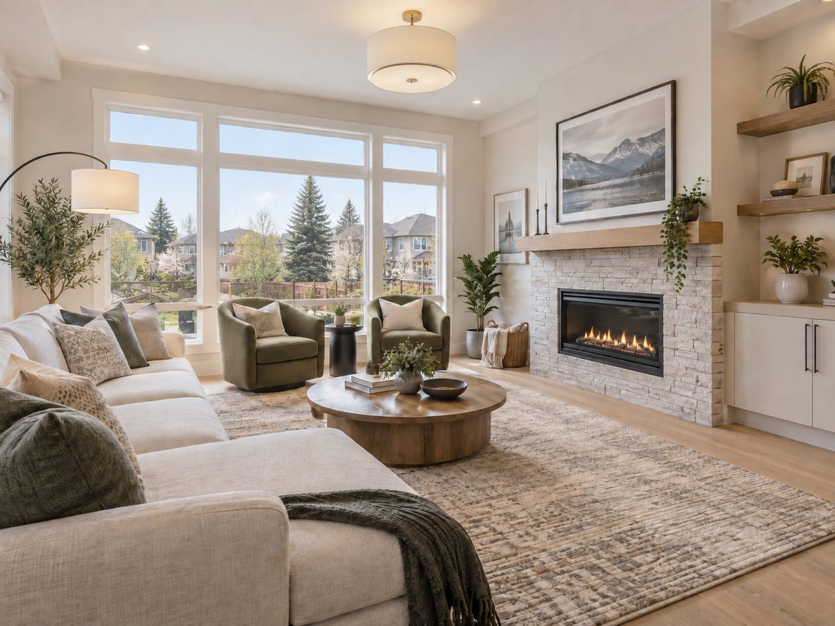 A family room with olive armchairs and a stone fireplace