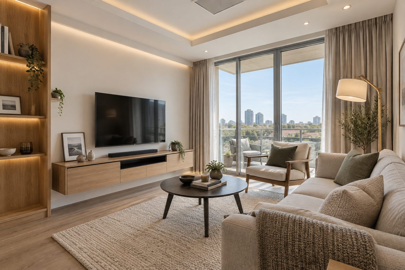 A bright condo living room with a balcony view