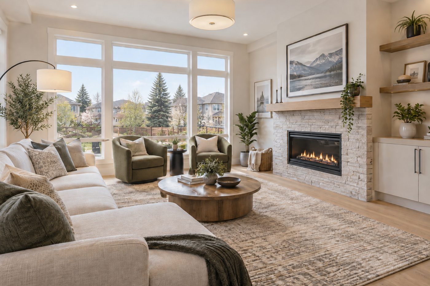 A living room with olive armchairs and a stone fireplace